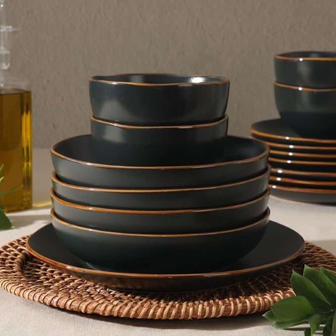 Gibson Home Hazeltine 16-Piece Black Stoneware Dinnerware Set ??Plates and Bowls, Durable Ceramic Kitchen Dinner Set
