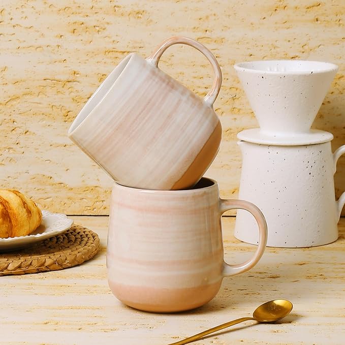 Coffee Mugs, Set of 4, Light Orange Ceramic Coffee Cups with Elegant Texture & Comfortable Handle, 12oz Stoneware Mugs - Dishwasher & Microwave Safe, Design for Home, Office, Cafe