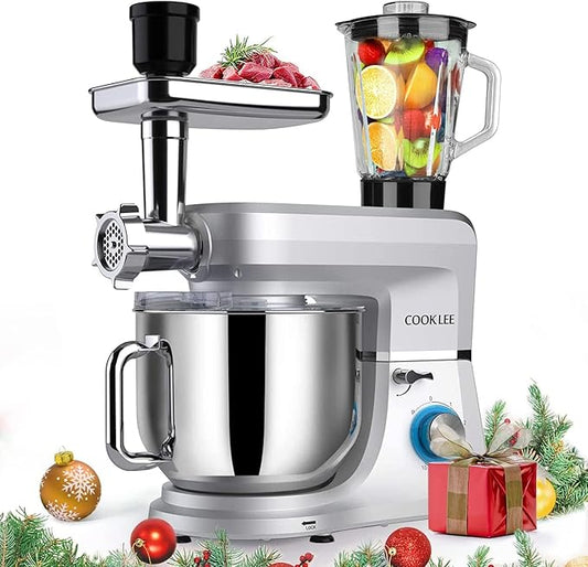 COOKLEE 6-IN-1 Stand Mixer, 8.5 Qt. Multifunctional Electric Kitchen Mixer with 9 Accessories for Most Home Cooks (silver)