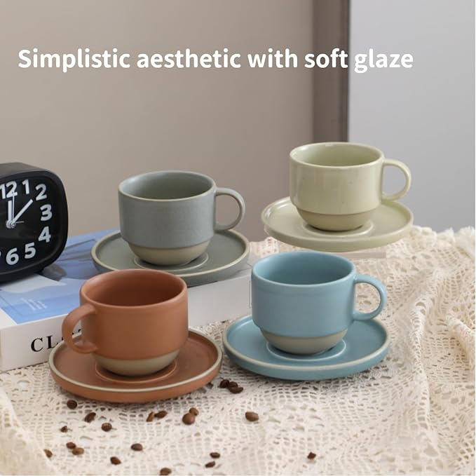 8oz Minimalist Handmade Ceramic Cappuccino Barista Cup with Saucer ??Artisanal Stoneware Espresso Coffee Mug, Lead-Free Latte Art Mug竊똇andmade Pottery tea mug or tea cup (Matte Light Blue)