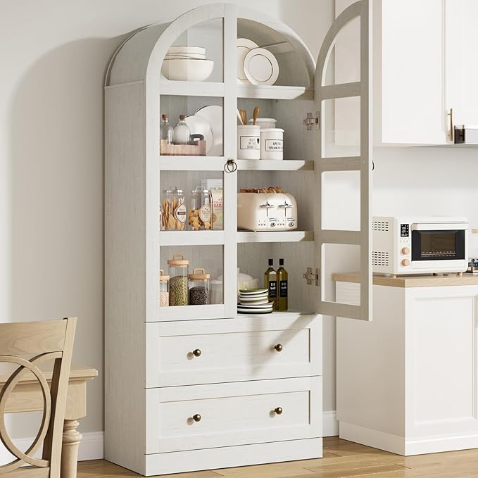 GAOMON 72" Arched Kitchen Pantry Cabinet, Wooden Freestanding Storage Cupboard with Doors, Drawers & Adjustable Shelves, Versatile Farmhouse Pantry for Dining and Living Room, White