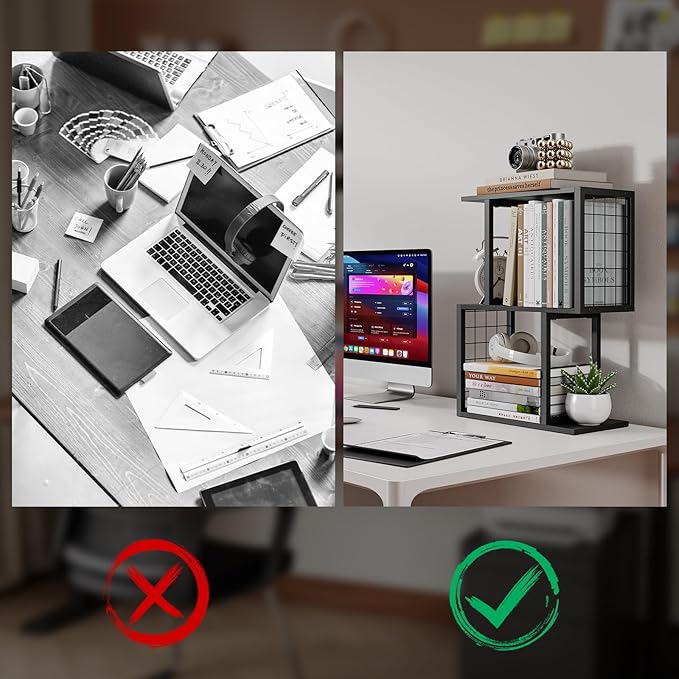 Bookshelf Desk Organizer竊?-Tier Shelf for Top of Desk Workspace Organizers for Office Accessories, Black