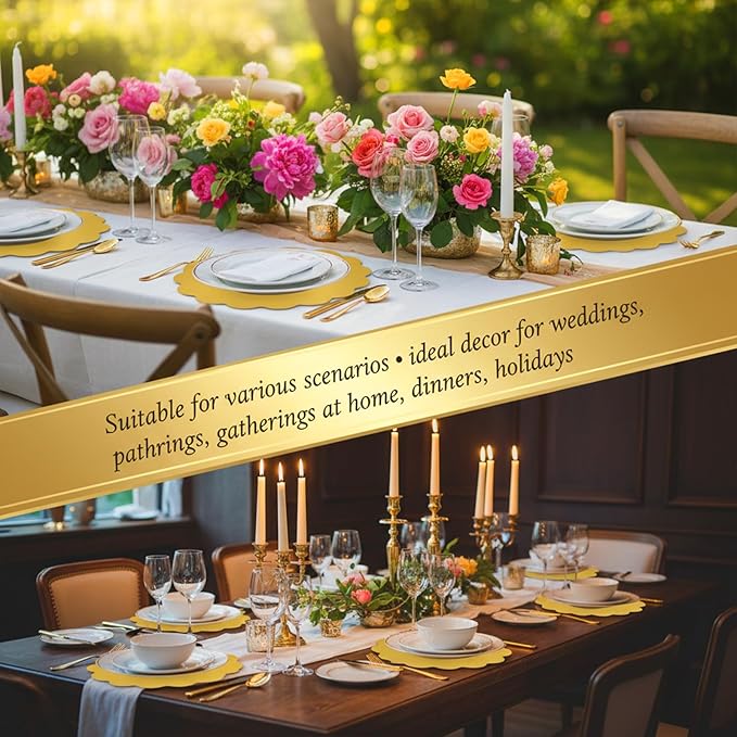 100 PCS Scalloped Gold Placemats, 13.5" Disposable Paper for Dining Table, Mirrored Gold Chargers Place Mats for Birthday Banquet, Party, Holiday, Wedding, Christmas