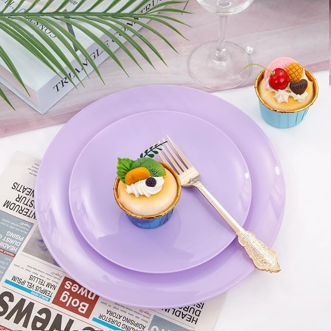 KIRE 60PCS Purple Plastic Plates Disposable - Heavy Duty Purple Plates Include 30Pcs 10.25??Dinner and 30Pcs 7.5??for Dessert/Salad - for Wedding/Bridal Shower