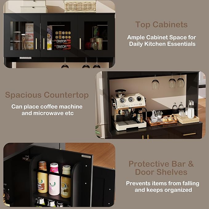 Kitchen Pantry Cabinet with Hutch: 71" Black Tall Kitchen Pantry Storage Cabinet with Drawers, 3 Glass Doors, Countertop, Hutch with Microwave Shelf and Charging Station for Dining Room (Black)
