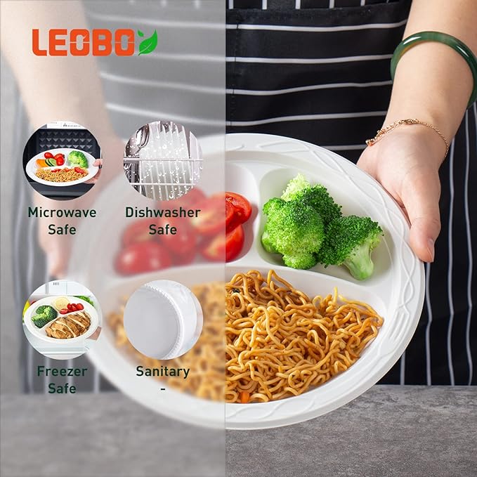 Party Plates Mineral Filled PP Plastic 9" - 150 Pack Shrink Wrap BPA Free Dinner Tray | Dishwasher & Microwave Safe | 3 Compartment Heavy Duty White Reusable & Disposable Plate for Catering