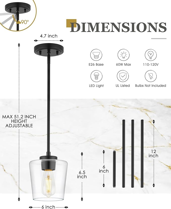 Black Pendant Lights Kitchen Island, 6" Hanging Lights Fixtures with Clear Glass Shade, Modern Kitchen Pendant Lighting Over Island for Dining Room, AD-22004-1P-BK-C
