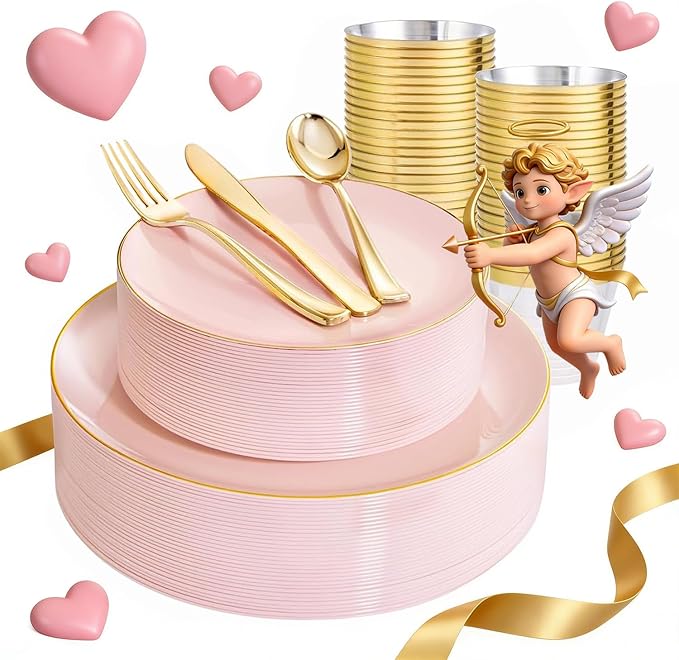WDF 150Pcs Pink Plates Disposable - Pink and Gold Plastic Plates 25guest Disposable Dinnerware Include 25 Dinner Plate, 25 Dessert Plate, 25 Cutlery & 25 9oz Cups for Wedding, Party, Valentine's Day