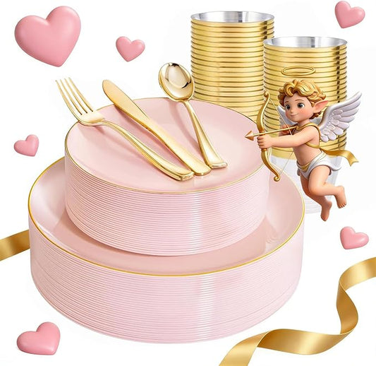 WDF 150Pcs Pink Plates Disposable - Pink and Gold Plastic Plates 25guest Disposable Dinnerware Include 25 Dinner Plate, 25 Dessert Plate, 25 Cutlery & 25 9oz Cups for Wedding, Party, Valentine's Day
