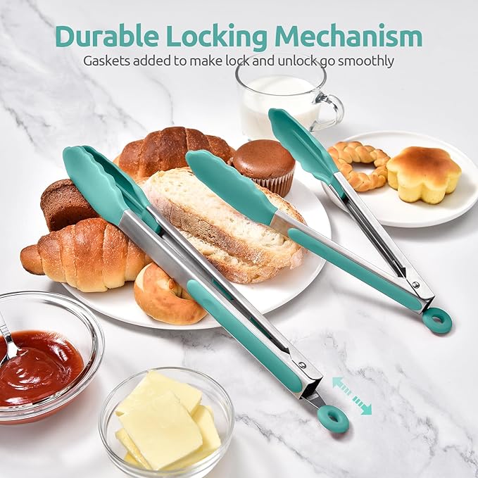 600쨘F Heat Resistant Kitchen Tongs: U-Taste 9+12 inch Silicone Cooking Tong Set with Firm Sealed Non Stick Rubber Tips and Silicon Coated 18/8 Stainless Steel Handle for Serving Grilling (Aqua Sky)