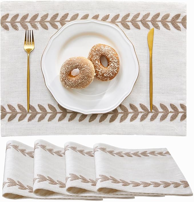Wracra Embroidered Placemats, 13 x 18 Inch Set of 4 Placemats, Irregular Willow Rustic Place Mats for Kitchen Table and Heat Resistant, Taupe 4PCS