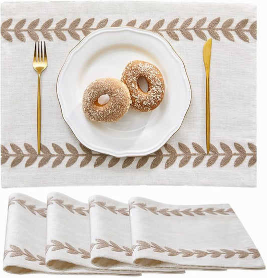 Wracra Embroidered Placemats, 13 x 18 Inch Set of 4 Placemats, Irregular Willow Rustic Place Mats for Kitchen Table and Heat Resistant, Taupe 4PCS