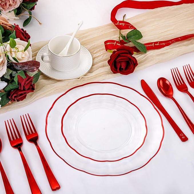 EI 150pcs Clear and Red Plastic Plates,Plastic Plates and sliverware,Clear Disposable Party Dinnerware Set for 30 Guests,Red Wavy Petal Edge Disposable Dinnerware Set for Wedding,Christmas,New Year