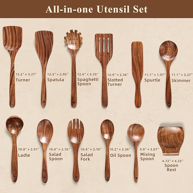 Wooden Spoons for Cooking, 12 Pcs Nonstick Wooden Cooking Utensils Set with Comfort Grip ??100% Natural Teak Wood - Sturdy, Lightweight & Heat Resistant Kitchen Utensils