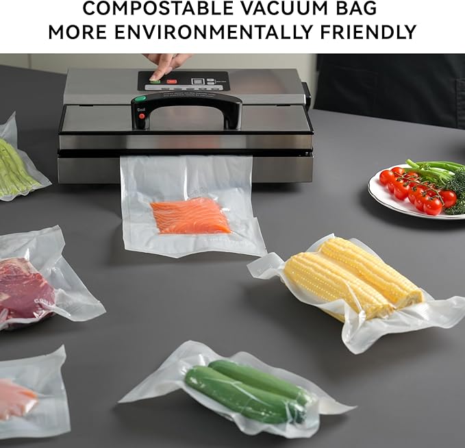 VestaEco Compostable Vacuum Sealer Bags for food, 3 Rolls 11" x 16' and 2 Rolls 8" x 20', Heavy-Duty Embossed Vacuum Seal Bags, Customized Size for Meal Prep/Sous Vide Cooking, BPA-Free