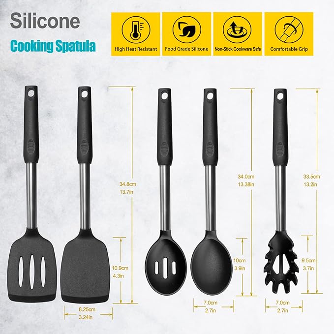 Silicone Spatula and Cooking Spoon,5 Pack Non-Stick Cooking Utensils for Kitchen竊똇eat Resistant Solid & Slotted Spoons and Spatulas, Stainless Steel Handle Coated with Silicone,Black