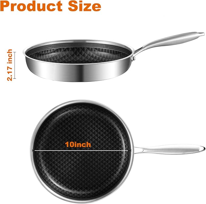 DELARLO 10 inch Tri-Ply Stainless Steel Frying Pan With Lid, Nonstick Omelette Pans, Small Egg Pan Durable Chef's Pan,Induction Kitchen Skillets, Compatible with All Cooktops, Up to 600℉