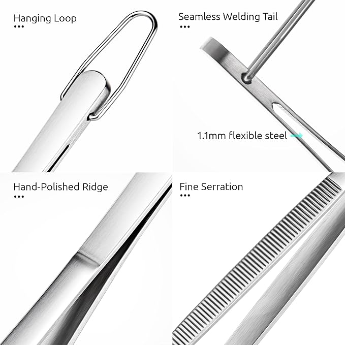 U-Taste 8" Kitchen Plating Tweezer Set: 18/8 Stainless Steel Food-Grade Metal Food Tong, Seamless-Welding, Flexible Pinching and Non-Slip for Serving, Decorating, Cooking, Baking (Round & Pointed Tip)
