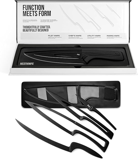 Kitchen Knife Set Stainless Steel, Chef Knife Set of 4 Pieces, Space Saving Ergonomic Design of Chef's Knives, Modern Stainless Steel Knives, Aesthetic Kitchen Essential, NestKnife Patented Technology