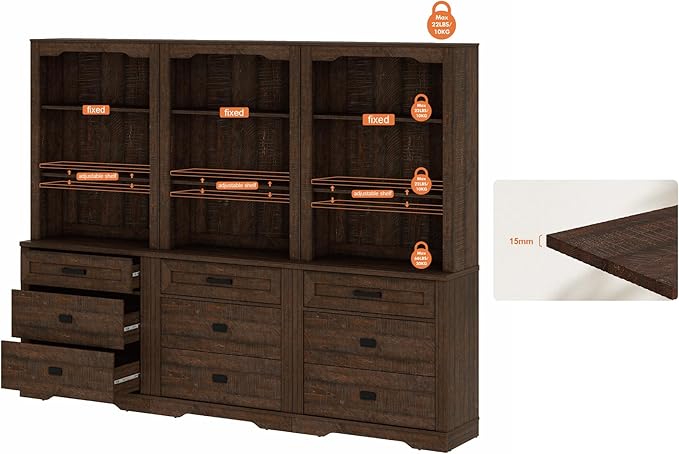 WAMPAT 3 Column 3 Tier Pantry Cabinet with Drawer,73.3" Tall Floor Standing Cupboard,Modern Farmhouse Display Kitchen Buffet with Adjustable Shelves for Dining Room,Living Room,Rustic Brown