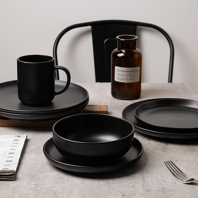 Furrnook 12-Piece Stoneware Dinnerware Set with Mugs | Microwave and Dishwasher Friendly | Stackable Matte Glaze Plates & Bowls | Service for 3 (Black for 3)