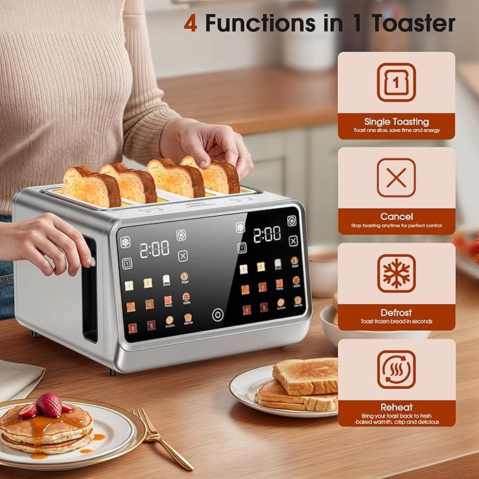Smart Toaster 4 Slice Wide Slot??Dual Digital TouchScreen & Independent Control for Family | 1800W Stainless Steel for 6 Bread Types & Toast Settings | Defrost Reheat & Single-Slice Modes