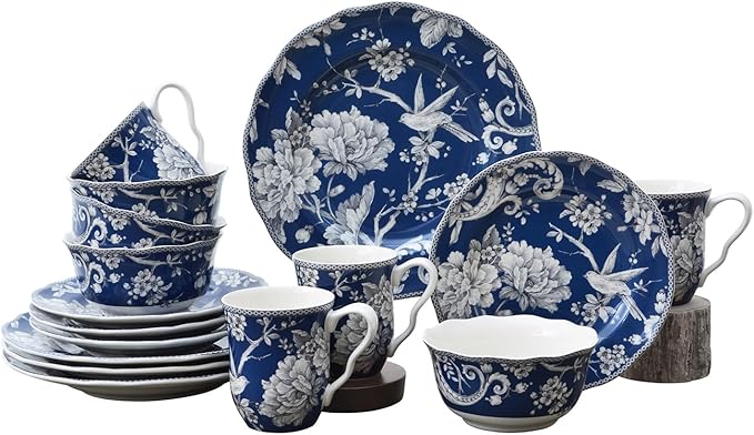 222 Fifth Adelaide 16-Piece Dark Blue Porcelain Dinnerware Set ??Service for 4, Plate, Bowl & Mug Set, Bird & Floral Design, for Everyday Dining & Entertainment, Microwave & Dishwasher Safe
