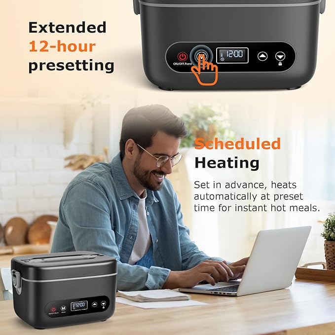 THZDMI 1.2L Cordless Electric Lunch Box ??20000mAh Rechargeable Portable Food Warmer with 5-Sided Heating, Auto Temperature Control, Leakproof & BPA-Free ??Perfect for Office, Truck, Outdoors Black