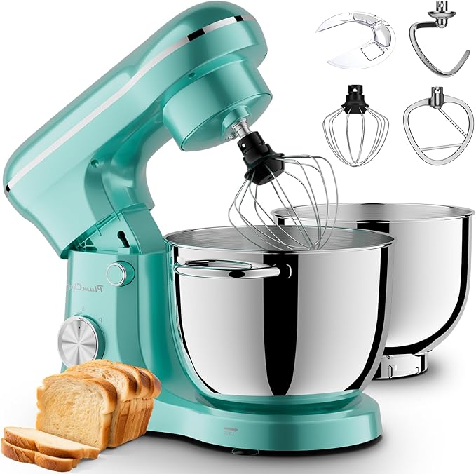 6QT & 5QT Dual Bowls Stand Mixer, 10-Speed Tilt-Head Food Mixer with Electronic Timer for 4 to 6 family, Dough Mixer with Stainless Steel Bowls, Dough Hook, Flat Beater, Whisk included,Blue