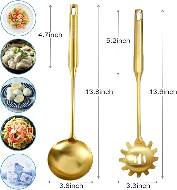 Gold Soup Ladle - Stainless Steel Ladle Spoon, 13.8"Large Soup Spoons [Integral Forming, Heat Resistance] Kitchen Metal Ladel for Cooking, Serving, Stirring, Canning竊똕auce, Wok & Soup, Christmas Gifts