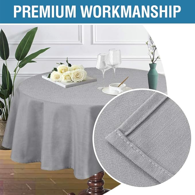 H.VERSAILTEX Linen Textured Table Cloths Round 60 Inch Premium Solid Tablecloth Spill-Proof Waterproof Table Cover for Dining Buffet Feature Extra Soft and Thick Fabric Wrinkle Free, Grey