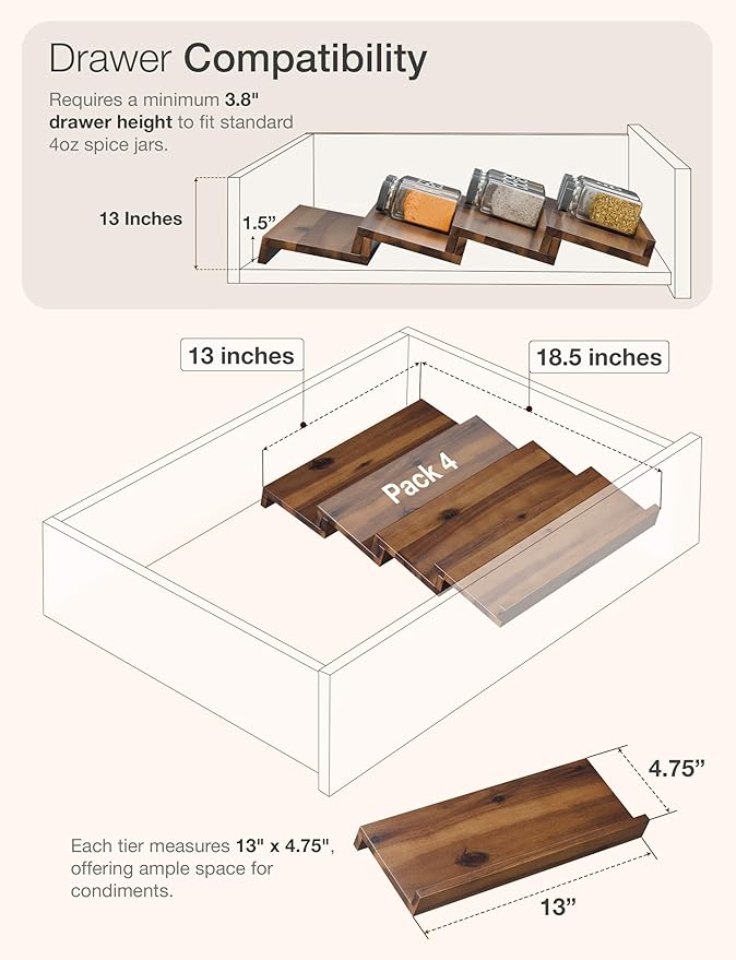 Tinamo Acacia Wooden Spice Rack Organizer for Cabinet - Spice Drawer Insert, Spice Organization for Cabinet, Seasoning Organizer, Spice Holder Pack of 8 (Walnut, Pack 4)