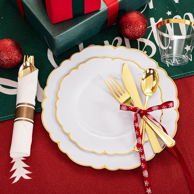 Morejoy 175PCS Gold Plastic Plates竊똚hite Gold Disposable Plates with Pre Rolled Napkins:25 Dinner Plates,25 Dessert Plates,25 Spoons,25 Forks,25Knives,25Cups,25Napkins for Party & Christmas