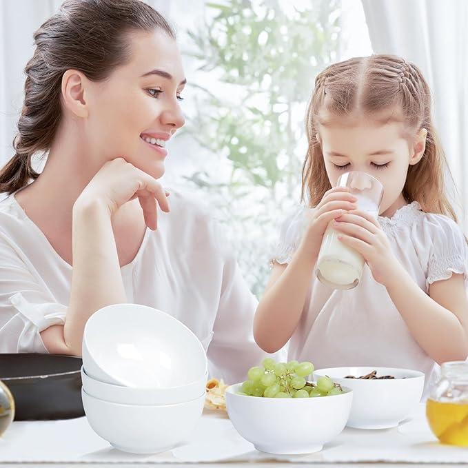 AntoKueh White Ceramic Bowls 6 in, 26Oz round Large Cereal Bowl set of 6, Deep Porcelain Bowls for Cereal, Salad, Noodles, Dishwasher/Microwave safe