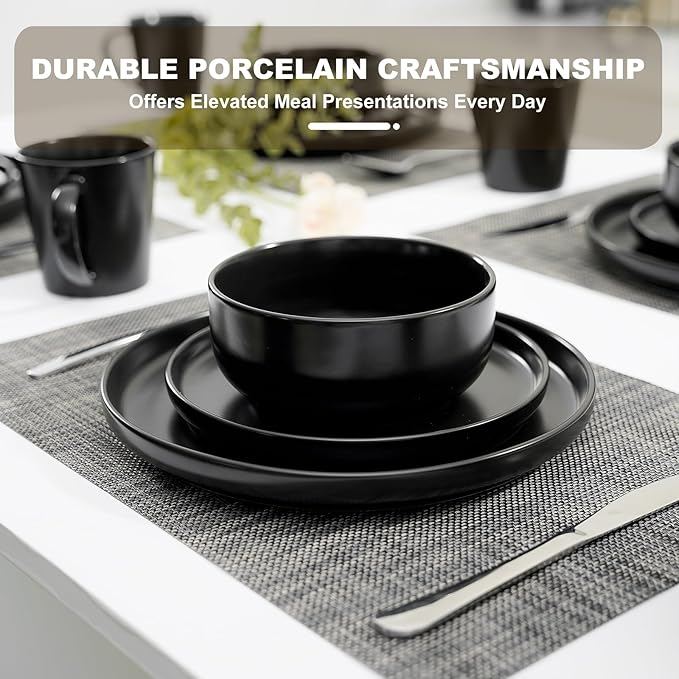 EWFEN 32-Piece Ceramic Dinnerware Sets with Mugs for 8, Black Plates and Bowls Set with Classic Design, Scratch Resistant Dishes Set, Dishwasher & Microwave Safe
