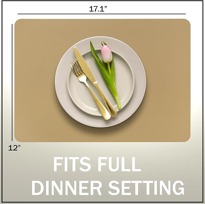 More D챕cor Faux Leather Placemats Set of 6 for Dining Table ??Waterproof, Wipeable, Washable, Stain & Heat Resistant, Non-Slip Table Mats ??12 X 17 Inch, (Solid Beige 6)