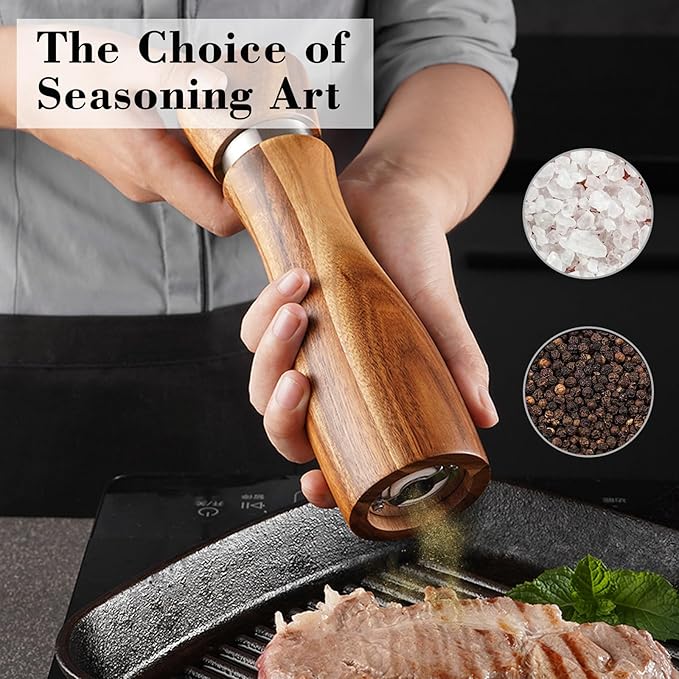 2Pcs Acacia Wood Salt and Pepper Grinding Machine, Durable Ceramic Grinding, Manual Steel Ring Grinding Machine with Adjustable Thickness