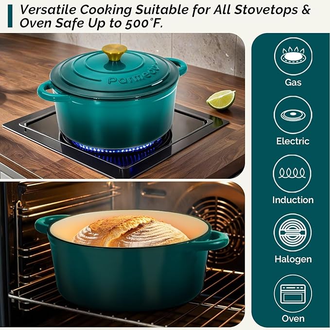 Parmedu Enameled Cast Iron Dutch Oven-5.5 Quart Pot with Lid, Dual Handle,Heavy Duty Cookware for Braising, Stews, Roasting, Bread Baking, Bottle Green