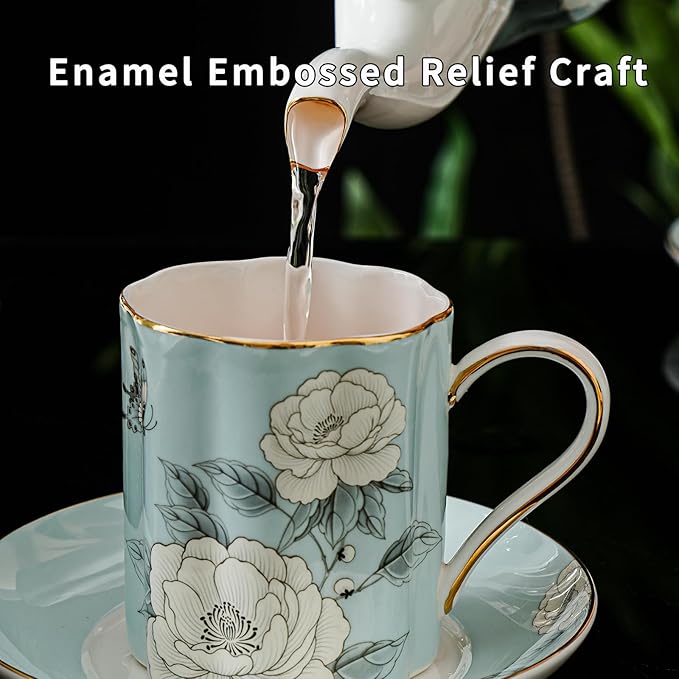 Floral Tea Cup and Saucer Set, Bone China Cup and Saucer with Spoon, Elegant Porcelain Coffee Cup with Gold Trim, Food Grade Coffee Mug for Women, Tea Party, Gifts Giving, 6.8 oz