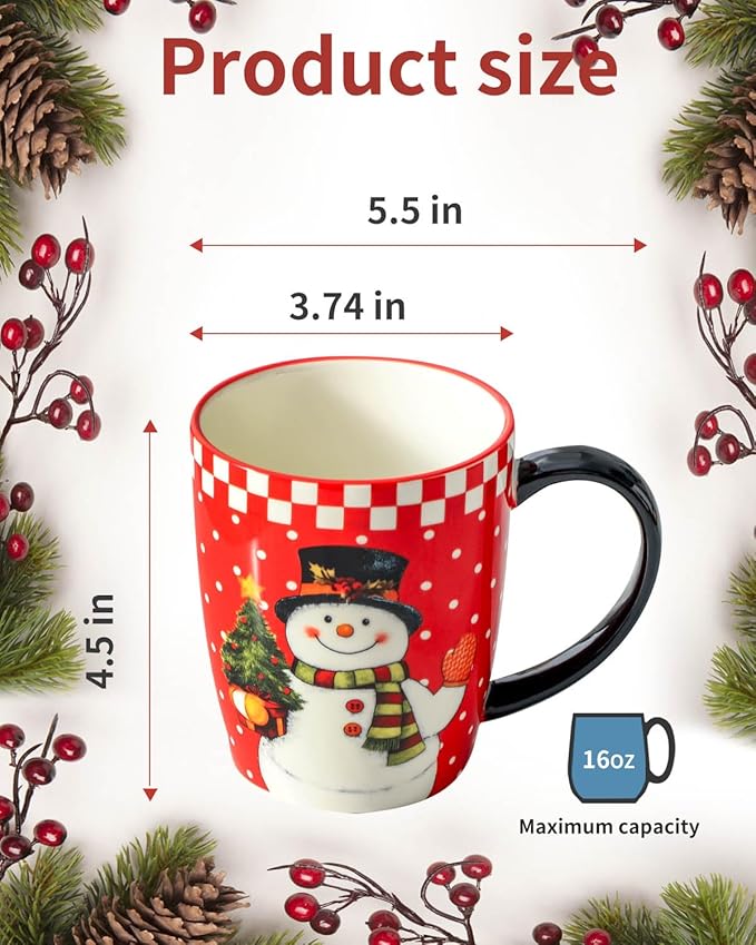 HASENSE Coffee Mugs, 15 OZ Coffee Cups Ceramic Set of 4 with Handle and Snowman Patterns for Man Woman, Colorful Christmas Porcelain Coffee Cups Set for Tea, Cocoa, Milk, Latte and Cappuccino