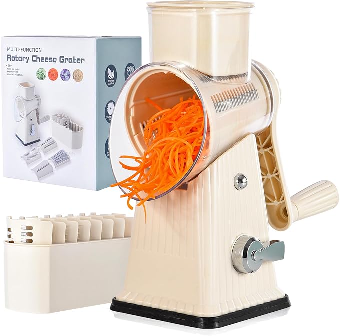 Xilrvna RotaryCheese Grater,VegetableShredder 5 in 1 Cheese Grater with HandleedderReinforcedSuction,EasytoClean,KitchenChopperforCrushedIce,Fruits and Nuts with Blade Storage Case竊늋hite