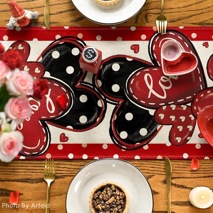 Artoid Mode Red Polka Dot Heart Love Valentine's Table Runner, Anniversary Wedding Kitchen Dining Table Decoration for Home Party Decor 13x48 Inch