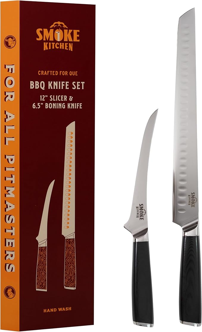Smoke Kitchen BBQ Knife Set ??12" Brisket Slicing Knife & 6.5" Boning Knife ??VG-10 Steel, Full Tang, G10 Handle ??Trim, Slice & Carve Brisket, Ribs, Chicken, Pork ??Pitmaster Gift