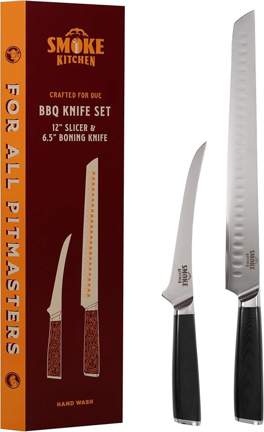 Smoke Kitchen BBQ Knife Set ??12" Brisket Slicing Knife & 6.5" Boning Knife ??VG-10 Steel, Full Tang, G10 Handle ??Trim, Slice & Carve Brisket, Ribs, Chicken, Pork ??Pitmaster Gift