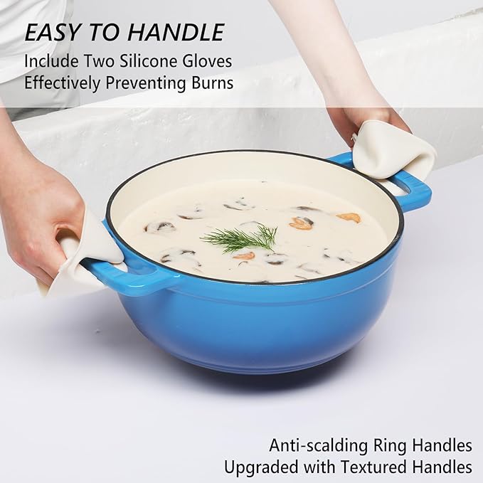 VINGLI 6QT Enameled Cast Iron Round Dutch Oven Pot with Lid, NonStick Casserole Pot with Dual Handles & Silicone GlovesRed, Oven Safe up to 500째F or on Stovetop, Dutch Oven for Bread Baking, Blue
