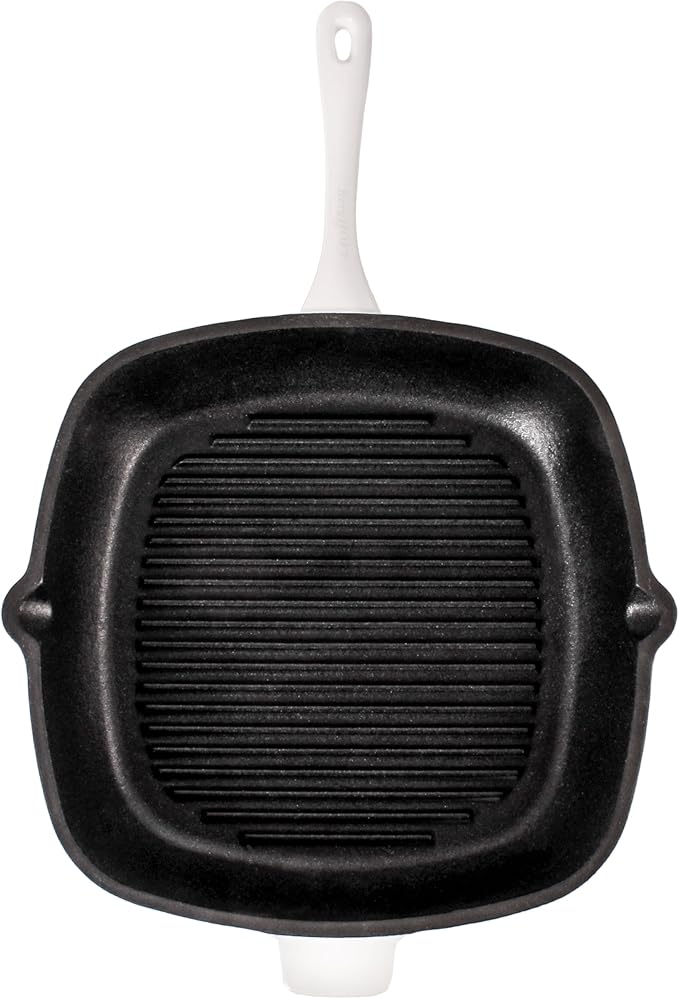 BergHOFF Neo 3Pc Enameled Cast Iron Cookware Set, Fry Pan 10 inches, Grill Pan 11 inches, Slotted Steak Press, Fast, Evenly Heat, Oven safe (White)