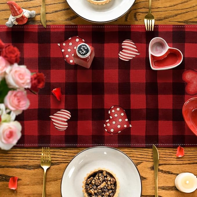 Artoid Mode Black Red Buffalo Plaid Hearts Truck Love Valentine's Day Table Runner, Kitchen Dining Table Decoration for Home Party Decor 13x72 Inch