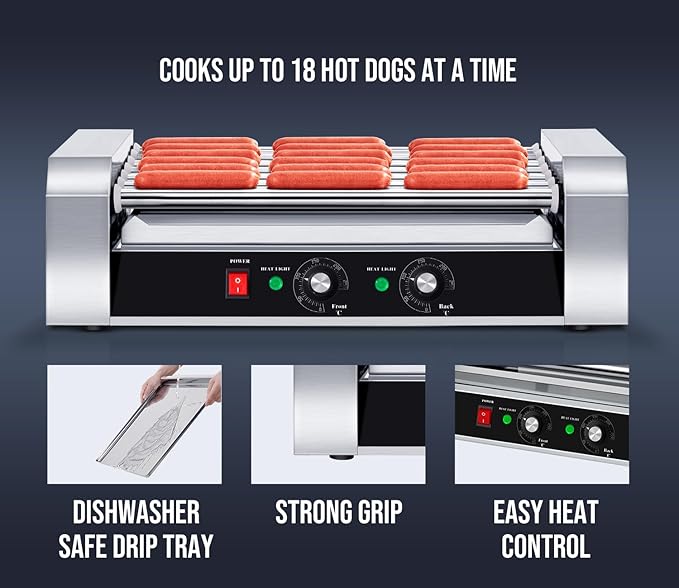 SYBO Hot Dog Roller, 18 Hot Dog 7 Roller Grill Cooker Machine with Removable Stainless Steel Drip Tray, 1000-Watts, Commercial Grade