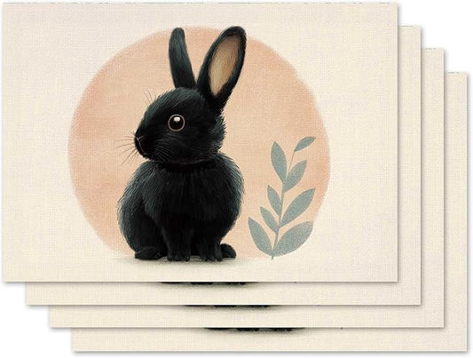 Jauageon Black Bunny Rabbit Placemat Set of 4 Spring Summer Placemats Seasonal Eucalyptus Table Mats for Indoor Outdoor Home Kitchen Dining Decor Party Farmhouse Burlap Table Mats 12x18 Inch