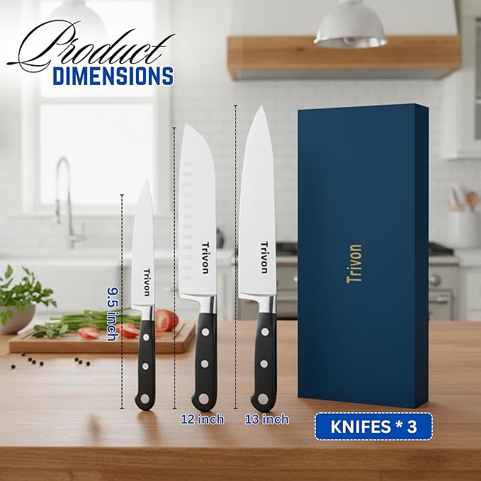 Trivon Kitchen Knife Set with Gift Box ??3-Piece Professional Chef Knife Set, Japanese High-Carbon Stainless Steel Ultra-Sharp Cooking Knives 8" Chef Knife + 7" Santoku + 5" Utility Knife